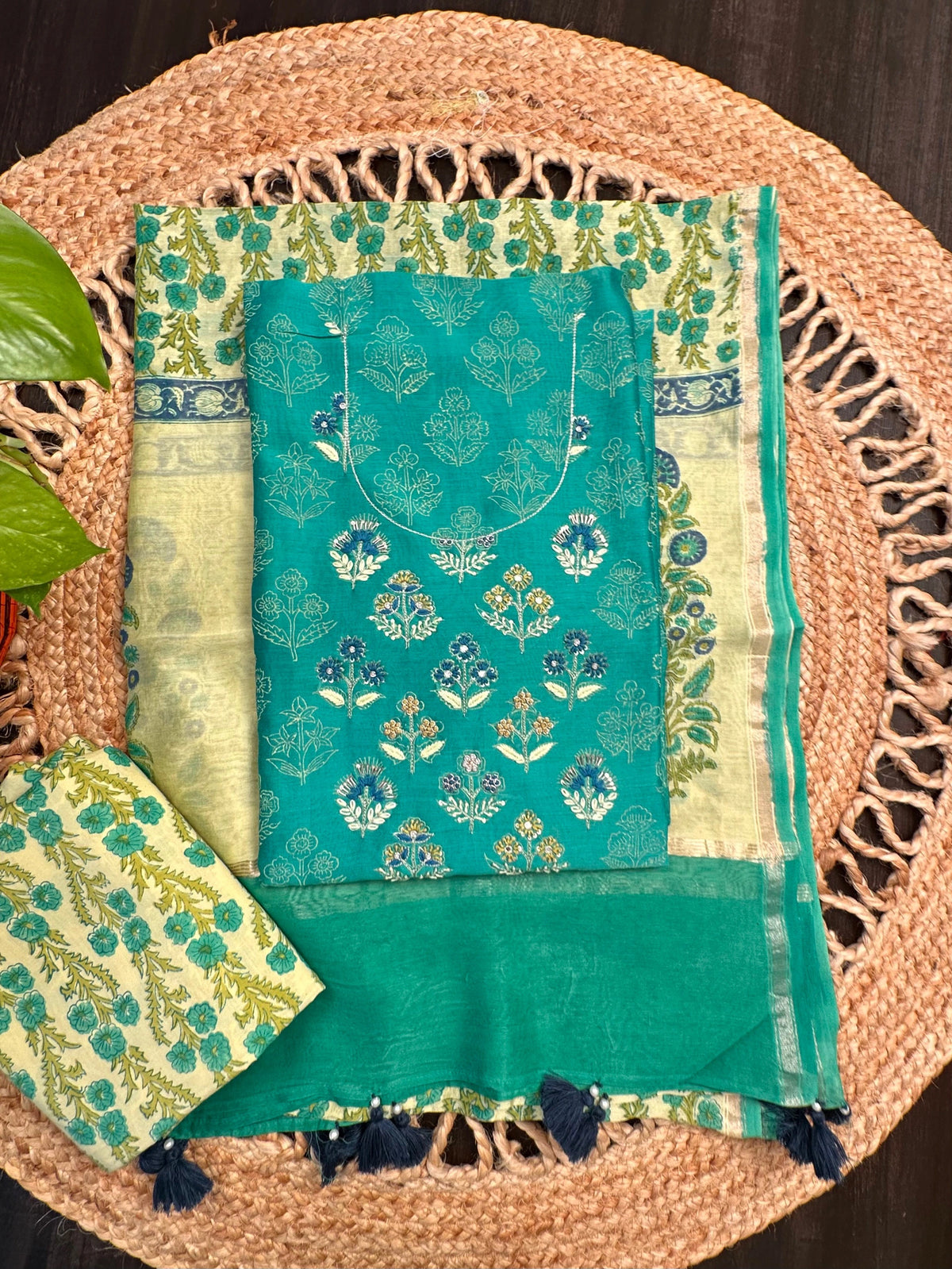 Green Chanderi Khadi Hand Block Printed 3-Piece Unstitched Suit