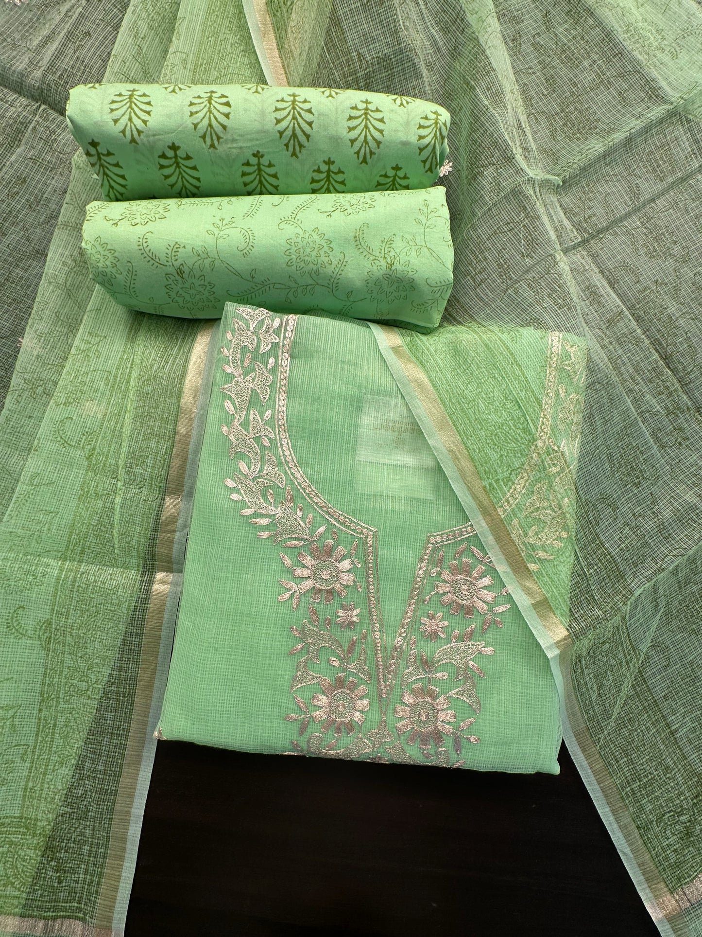Parrot Green 4-Piece Kota Doria Cotton Unstitched Suit