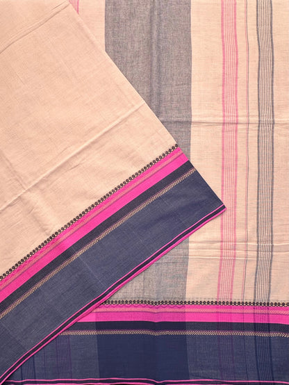 Beige-Navy Piyali Bengal Cotton Saree