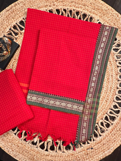 Red Checkered Dharwad South Cotton 3-Piece Suit
