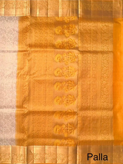 Cream-Mustard Zari Jamawar Pure Silk Saree