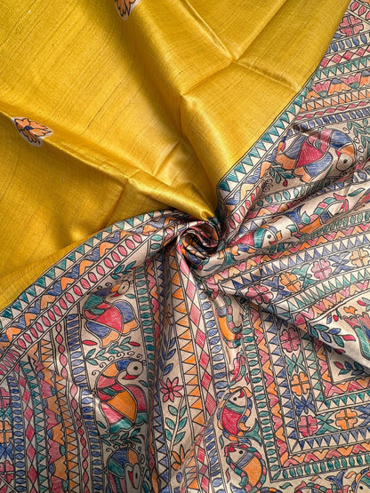 Yellow Madhubani Art Pure Tussar Silk Saree