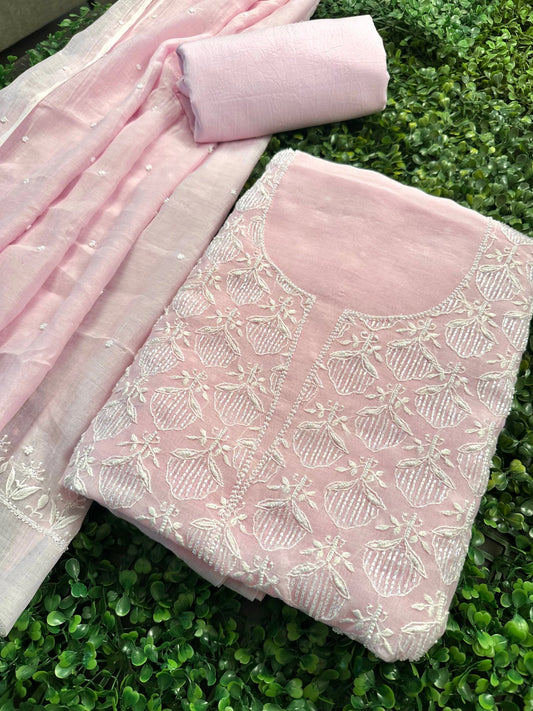 Pink Chanderi Chikankari 3-Piece Unstitched Suit with Katdana Work