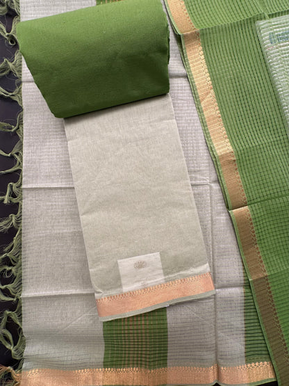 Pista Green Mangalgiri Cotton Unstitched 3-Piece Suit