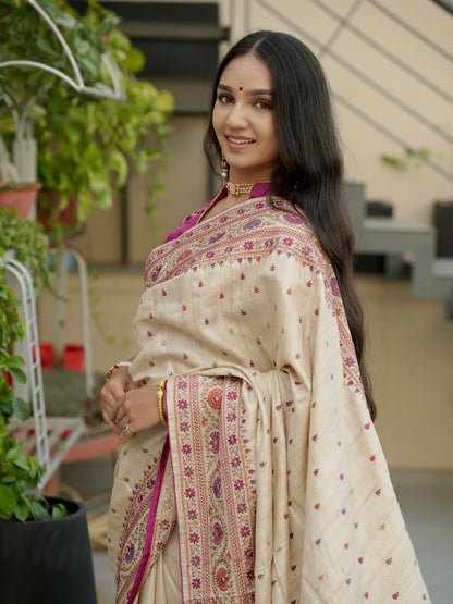 Beige Pure Tussar Silk Saree With Embroidery