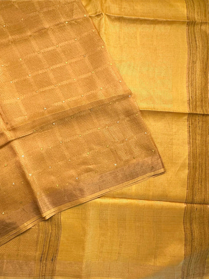 Mustard Emboss Pure Tissue Silk Saree