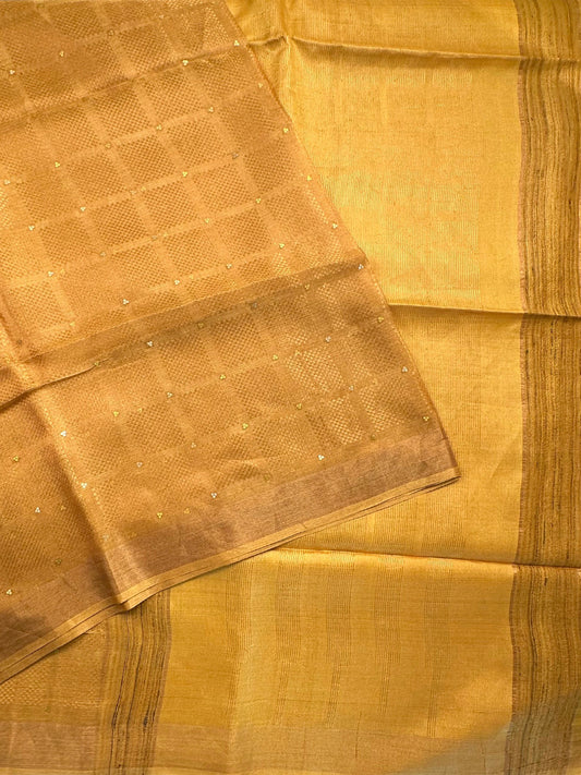 Mustard Emboss Pure Tissue Silk Saree