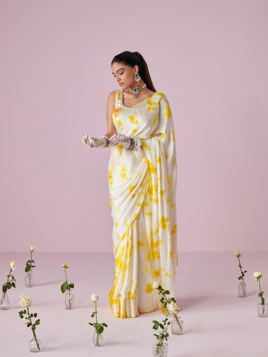 Yellow Saranya Abstract Satin Saree (Made on Order)