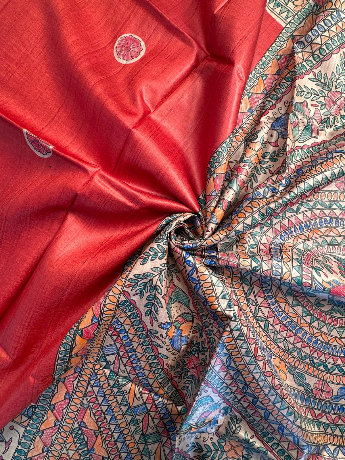 Red Madhubani Art Pure Tussar Silk Saree