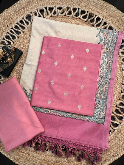 Pink Chanderi 3-Piece Unstitched Suit With Madhubani Dupatta