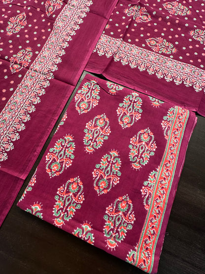 Magenta Block Printed Pure Cotton Suit