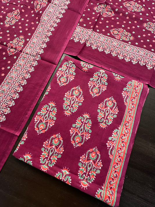 Magenta Block Printed Pure Cotton Suit