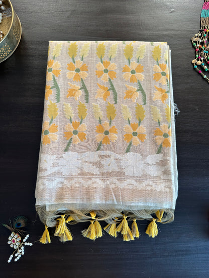 Beige-Yellow Floral Weave Fancy Cotton Saree