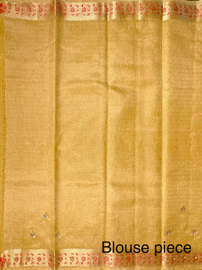 Mustard Fancy Zari Cotton Saree With Hand Work