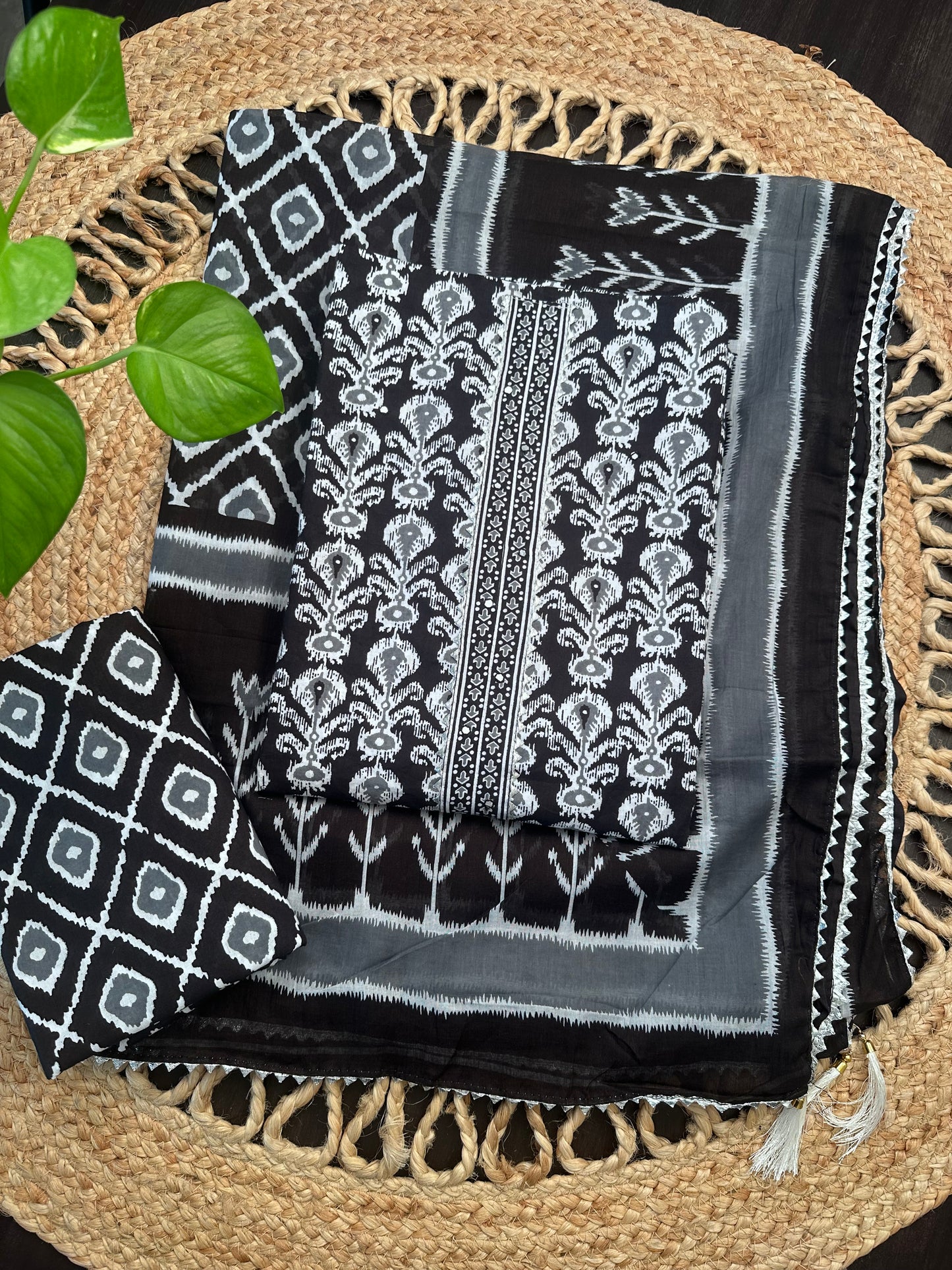 Black Jaipuri Necktie Cotton 3-Piece Suit