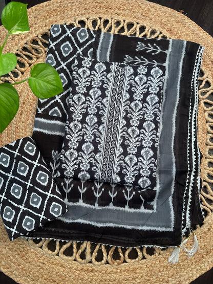 Black Jaipuri Necktie Cotton 3-Piece Suit