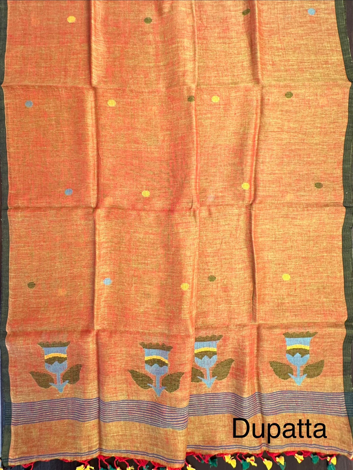 Mehendi Green Linen Dhakai 2 Piece Kurta Dupatta Unstitched Set