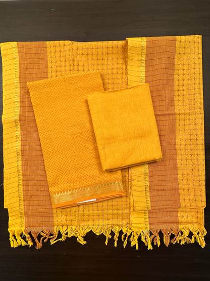 Mustard Handloom Emboss Cotton  3-Piece Suit