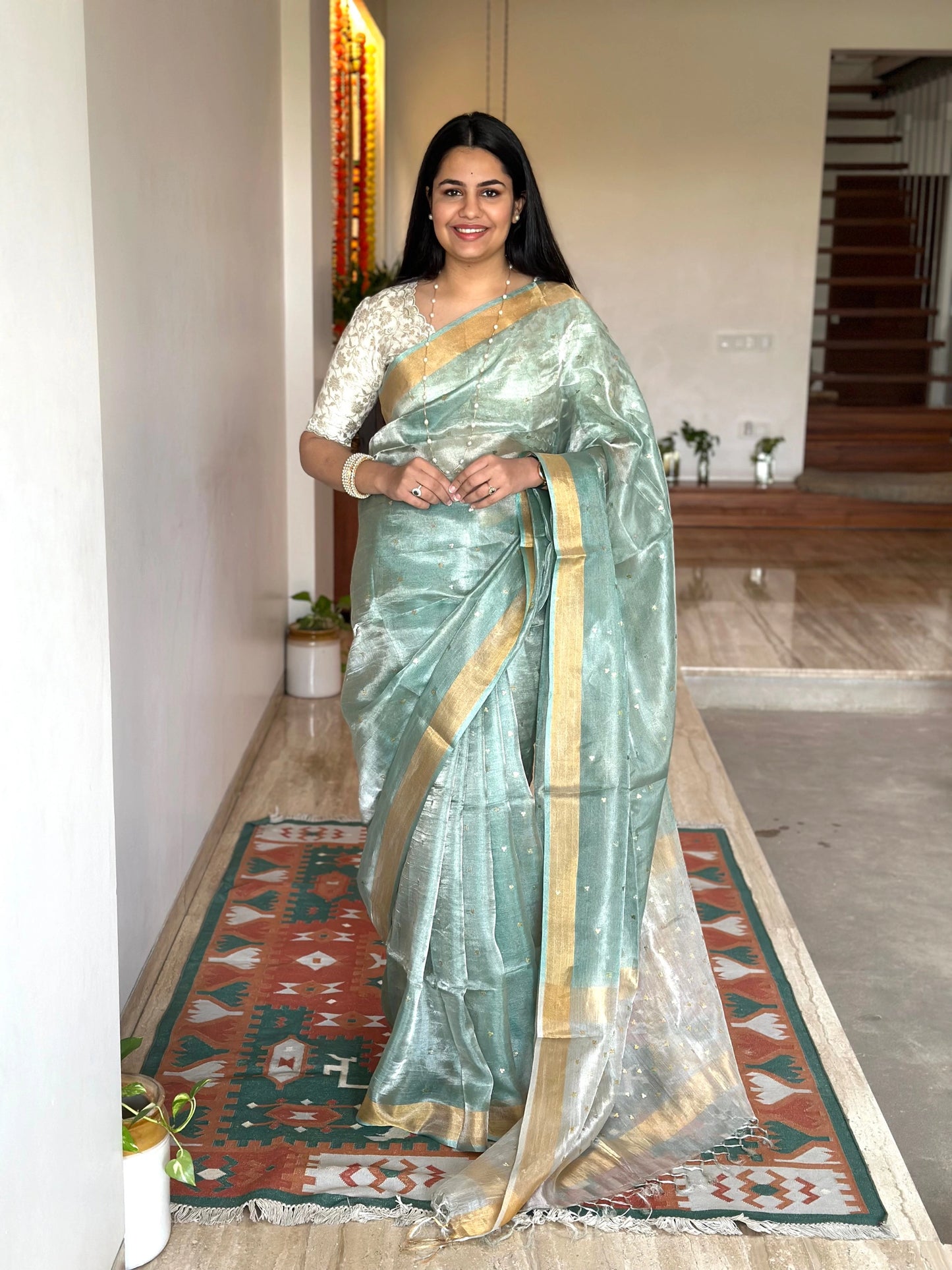 Sea Green -Silver Pure Tissue Silk Saree