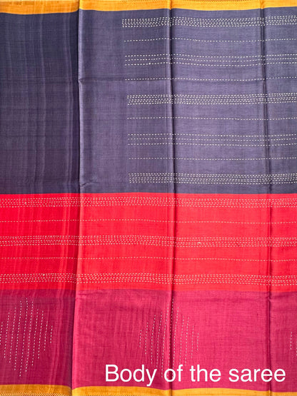 Navy Blue-Red-Magenta Pure Tussar Silk Saree