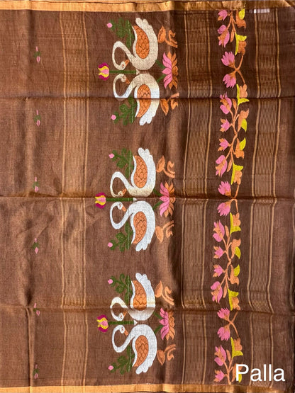 Brown Fancy Cotton Tissue Saree ( Linen Texture)