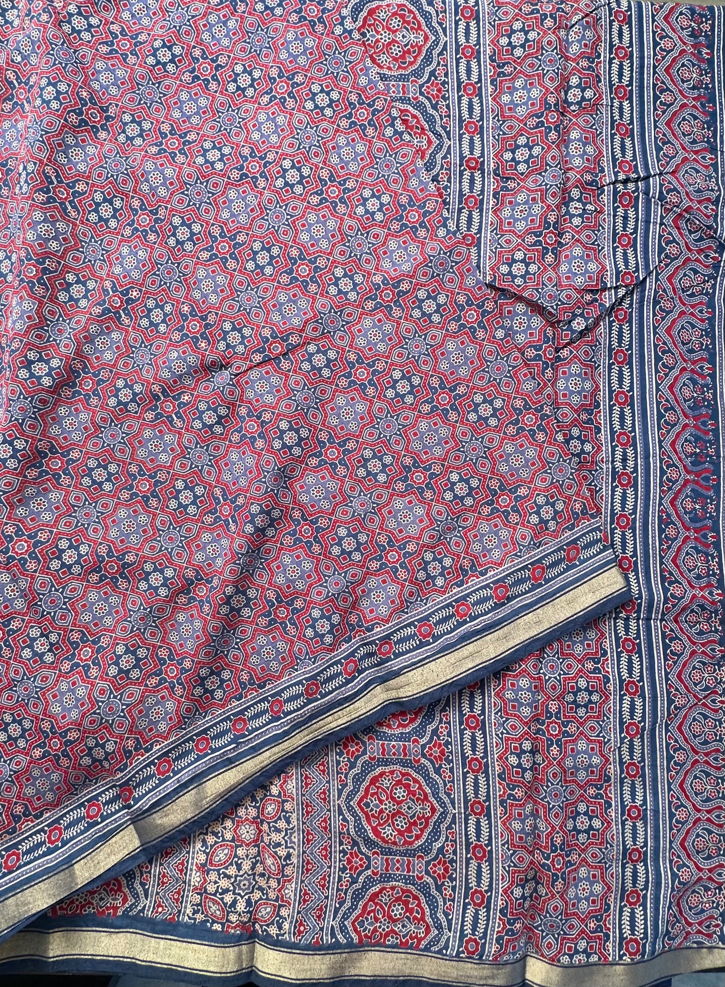 Navy Blue Ajrakh Print Cotton Blend Saree