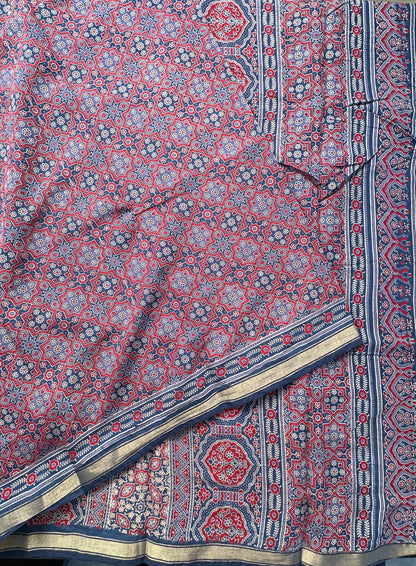 Navy Blue Ajrakh Print Cotton Blend Saree