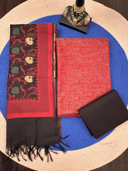 Maroon-Black Jacquard 3-piece Unstitched Cotton Suit