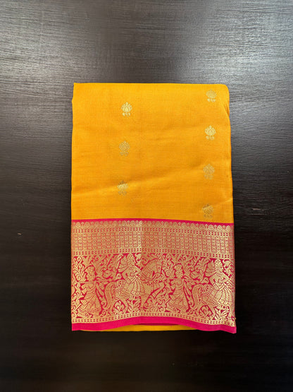Yellow- Pink Pondicherry Handloom  Pure Silk Saree