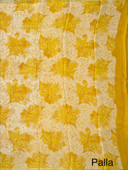 Off White-Yellow Floral Print Chiffon Saree