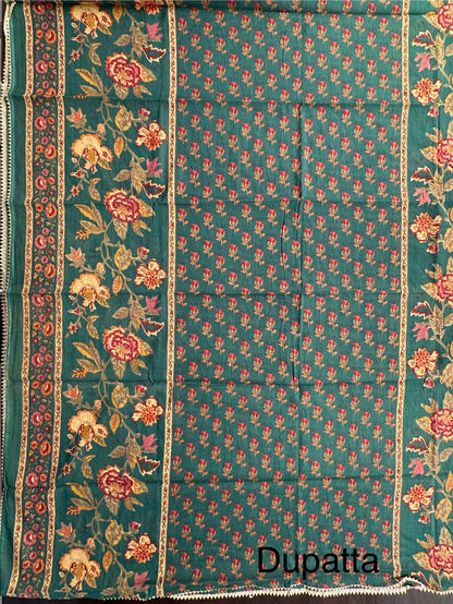 Bottle Green  Angrakha Printed Cotton 3-Piece Suit