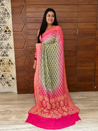 Grey-Rani Gharchola Bandhej Pure Georgette Saree