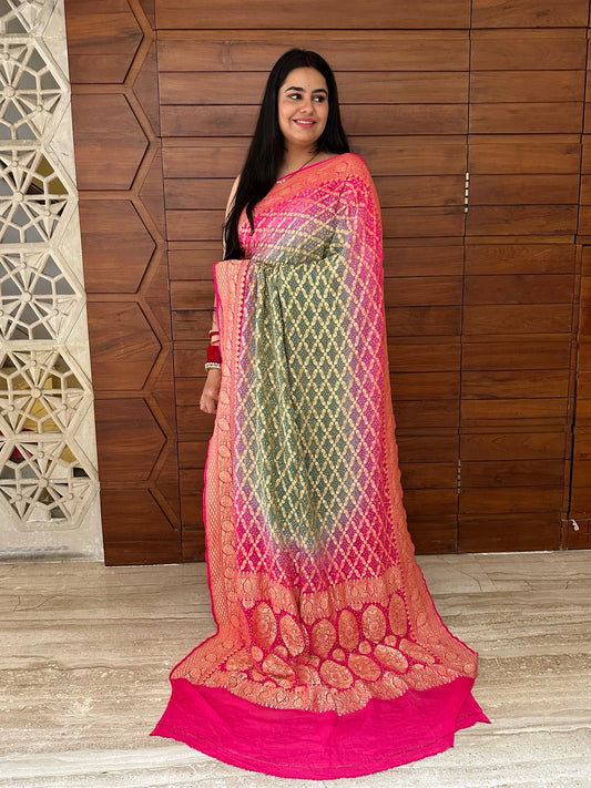 Grey-Rani Gharchola Bandhej Pure Georgette Saree