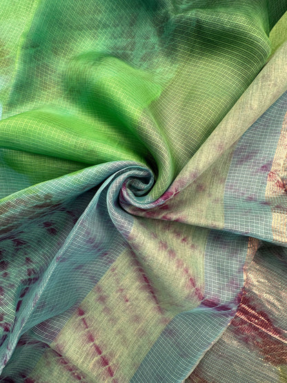Sea Green-Green-Purple Shibori Kota Doria Pure Silk Saree