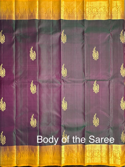 Peacock Blue-Mustard Handloom Kanjivaram Pure Silk Saree