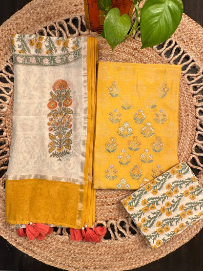 Yellow Chanderi Khadi Hand Block Printed 3-Piece Unstitched Suit