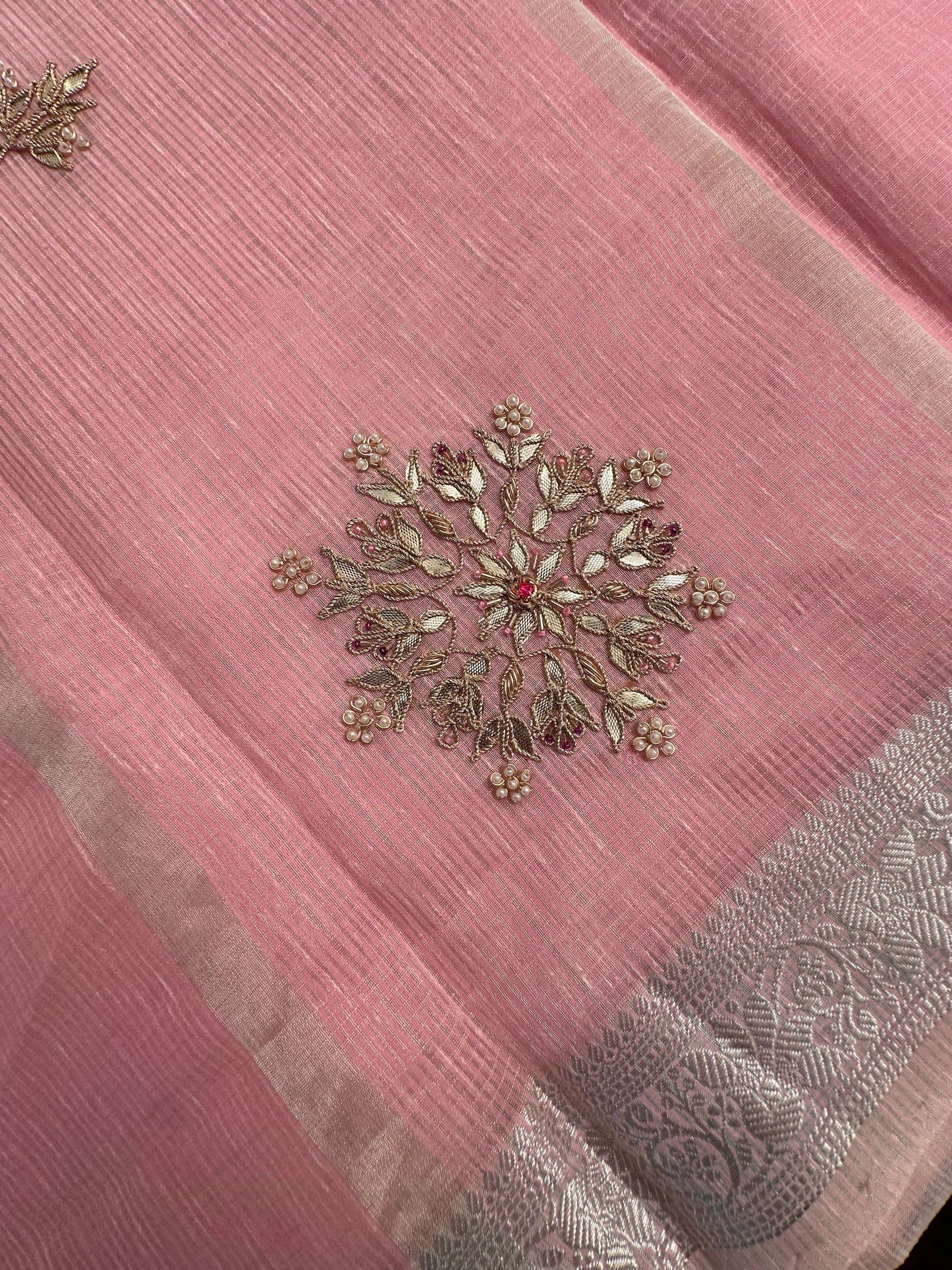 Pink Fancy Cotton Saree With Hand Work