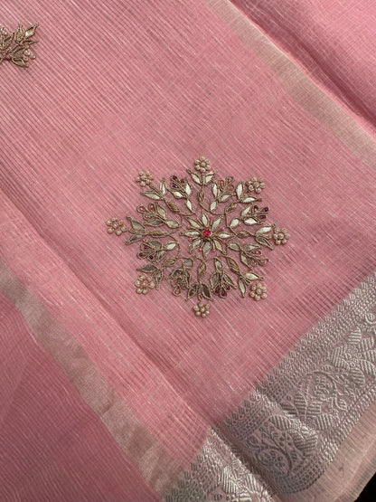 Pink Fancy Cotton Saree With Hand Work