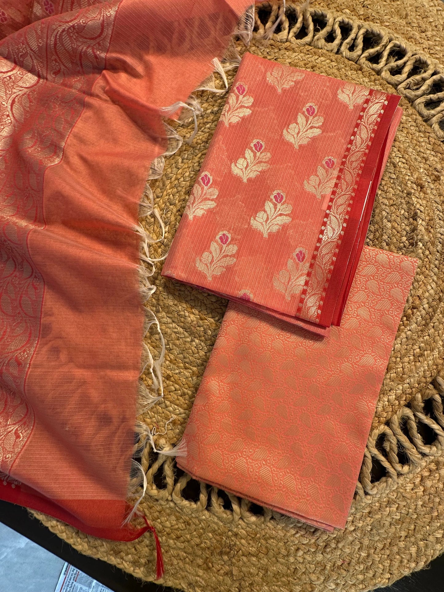 Peach Kota Doria Cotton 3-Piece Suit