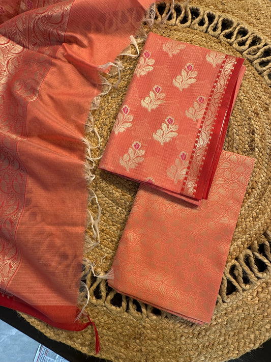 Peach Kota Doria Cotton 3-Piece Suit