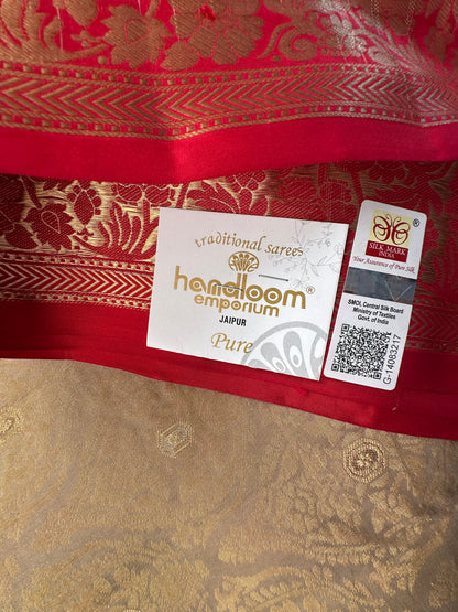 Beige-Red Handloom Kanjivaram Jamawar Pure Silk Saree