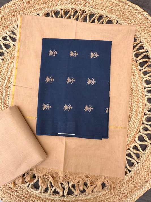 Navy Blue-Beige Warli South Cotton 3-Piece Suit