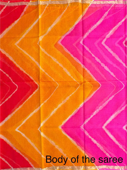 Pink-Rani-Yellow Leheriya Kota Doria Pure Silk Saree