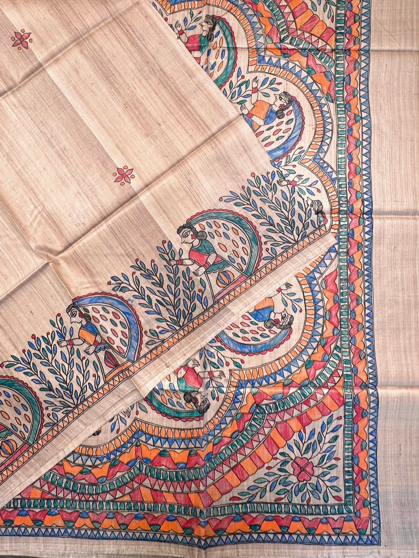Beige Madhubani Art Pure Tussar Silk Saree
