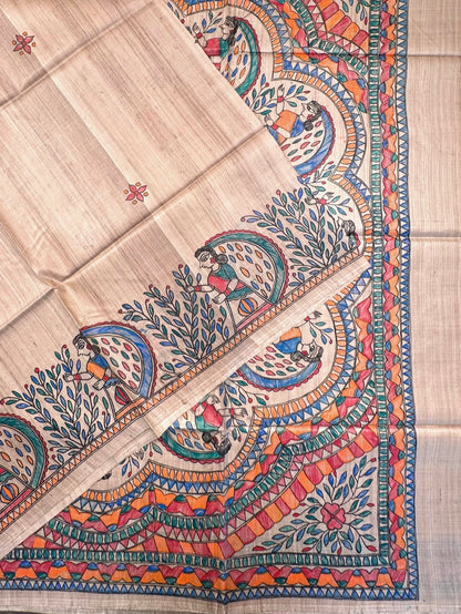 Beige Madhubani Art Pure Tussar Silk Saree