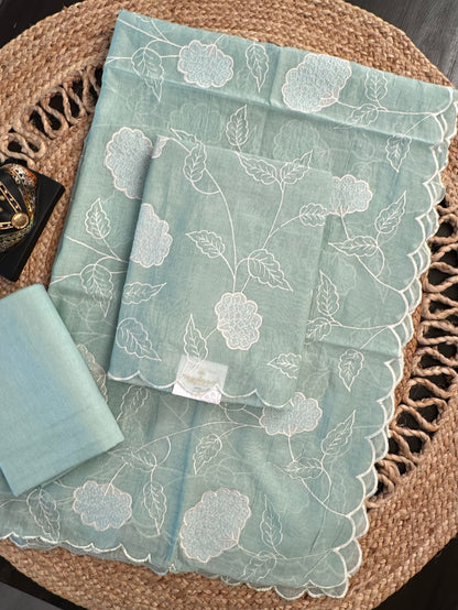 Pista Green Cotton Chanderi 3-Piece Unstitched Suit
