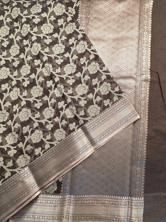 Brown Floral Emboss Chanderi Saree
