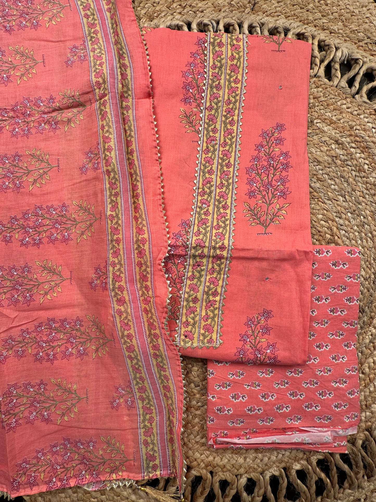 Coral Pink  Jaipuri Necktie Cotton 3-Piece Suit
