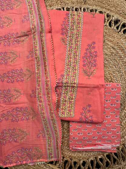 Coral Pink  Jaipuri Necktie Cotton 3-Piece Suit