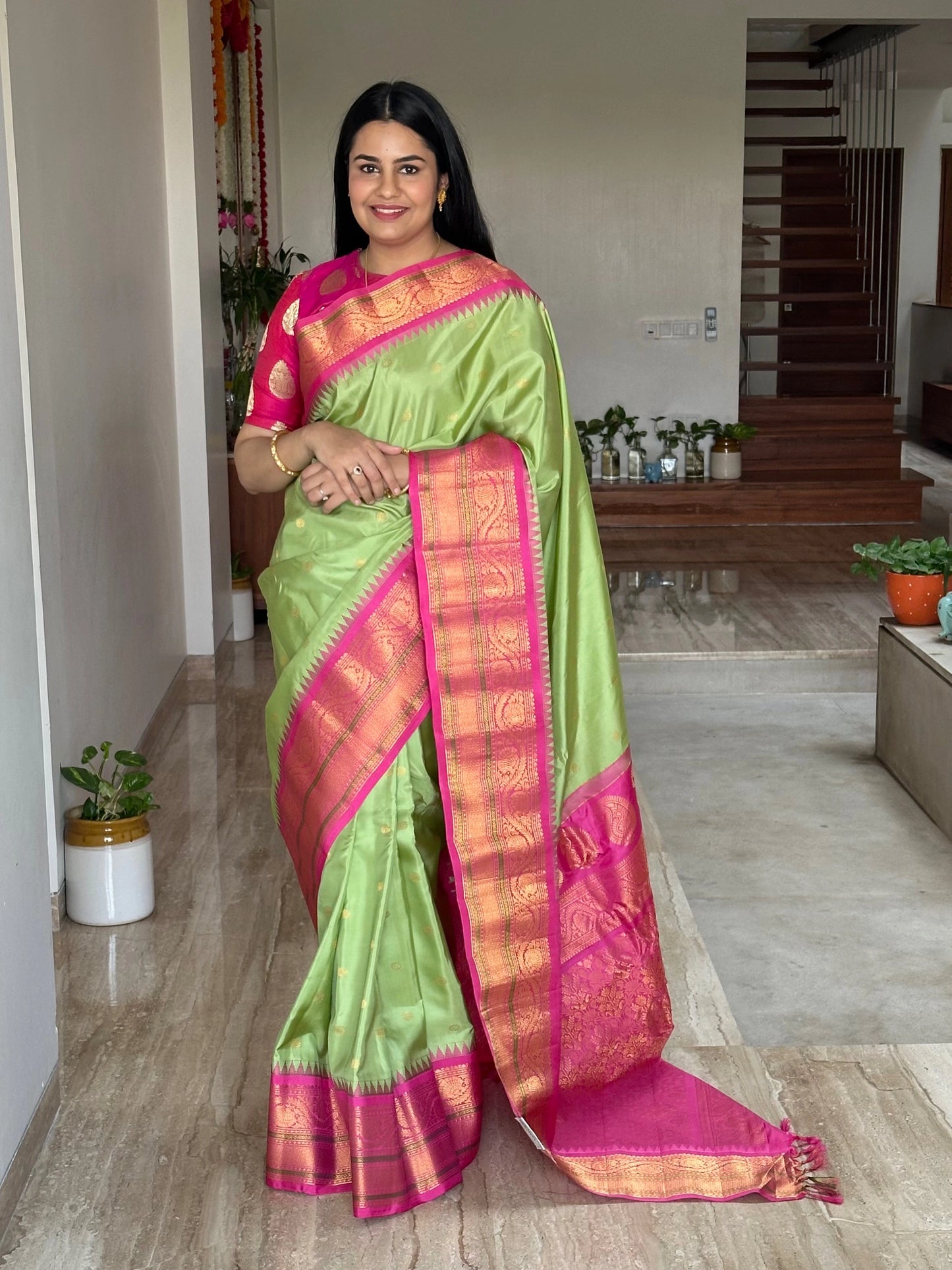 Pista Green-Pink Gadwal Pure Silk Saree